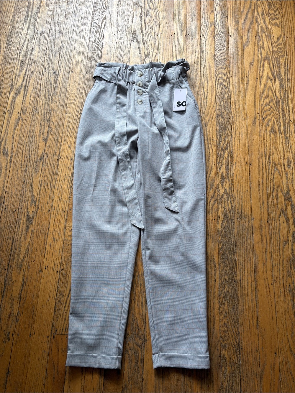 Kohl's Light Gray Paperbag Waist Checked Ankle Trousers